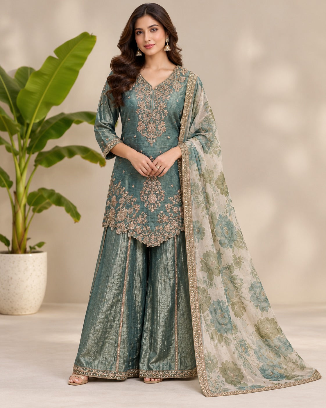Embroidered Teal Green Sharara Suit Set