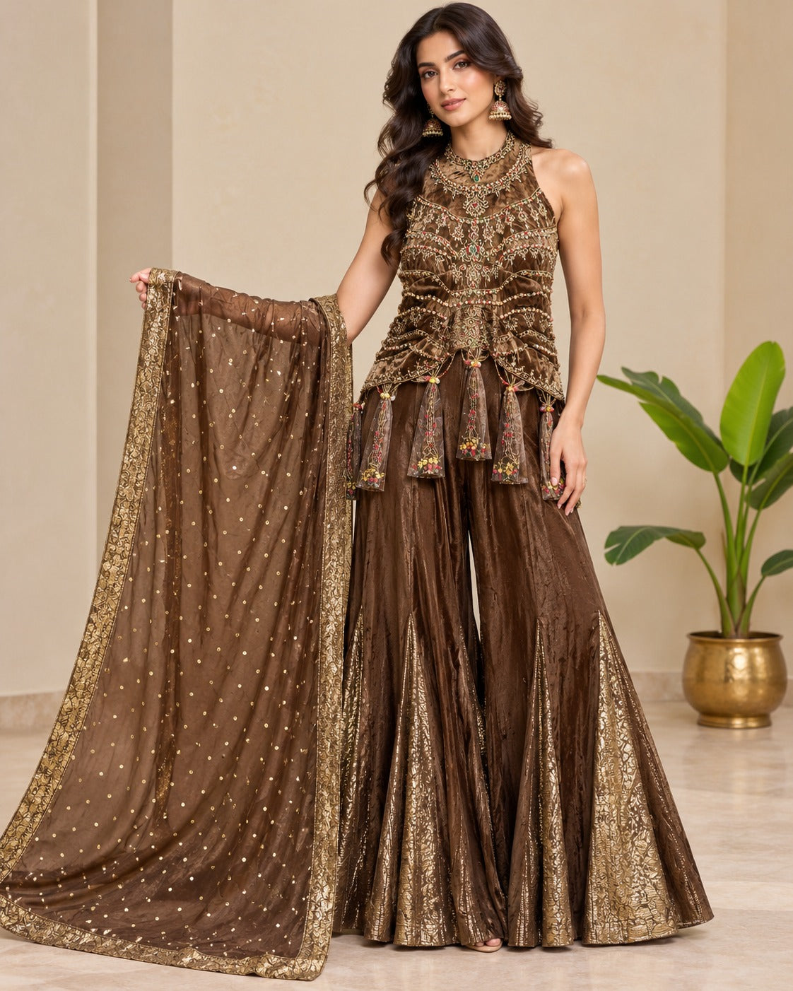 Embroidered Brown Velvet Peplum Sharara Set