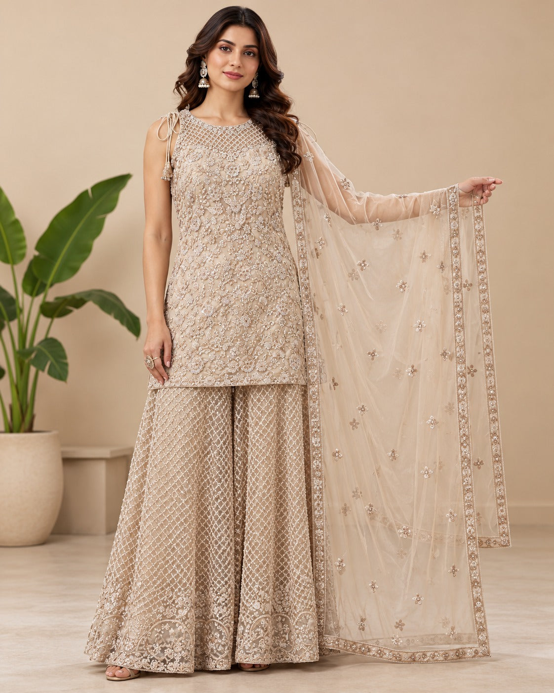 Embellished Beige Sequined Sharara Suit Set