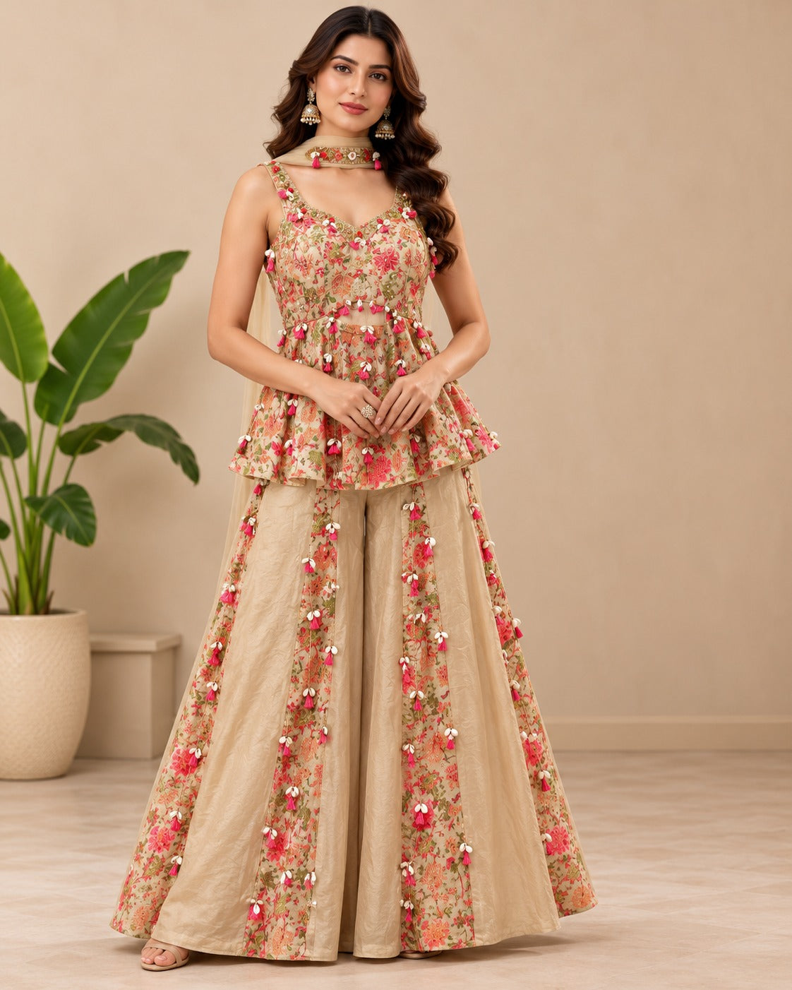 Floral Embroidered Beige Peplum Sharara Set