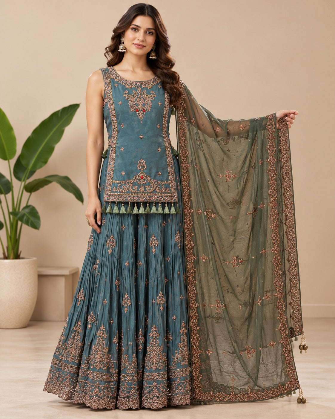 Embroidered Slate Blue Sharara Suit Set