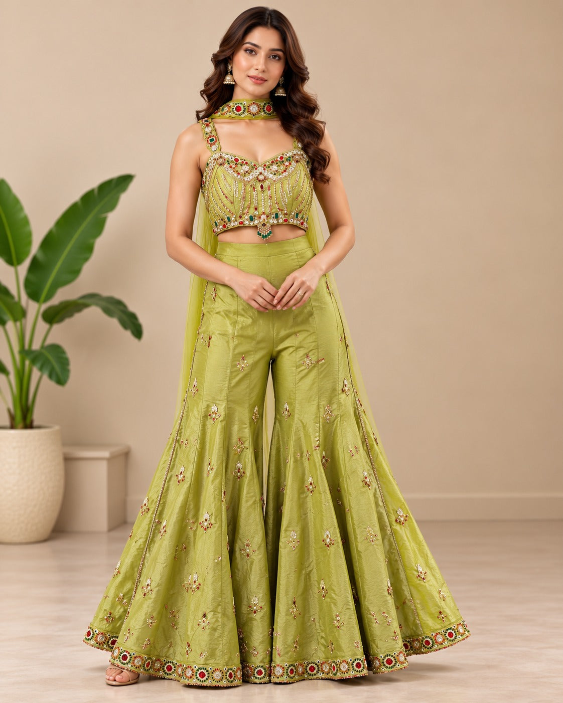 Embellished Olive Green Crop Sharara Set