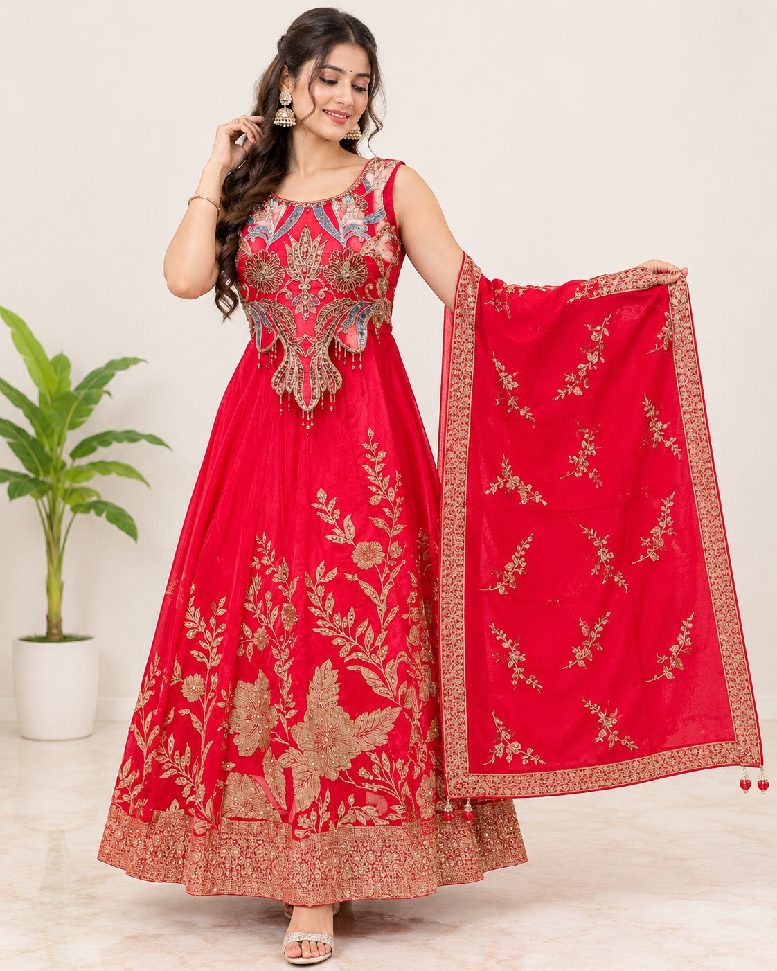 Embroidered Vibrant Red Anarkali Suit Set