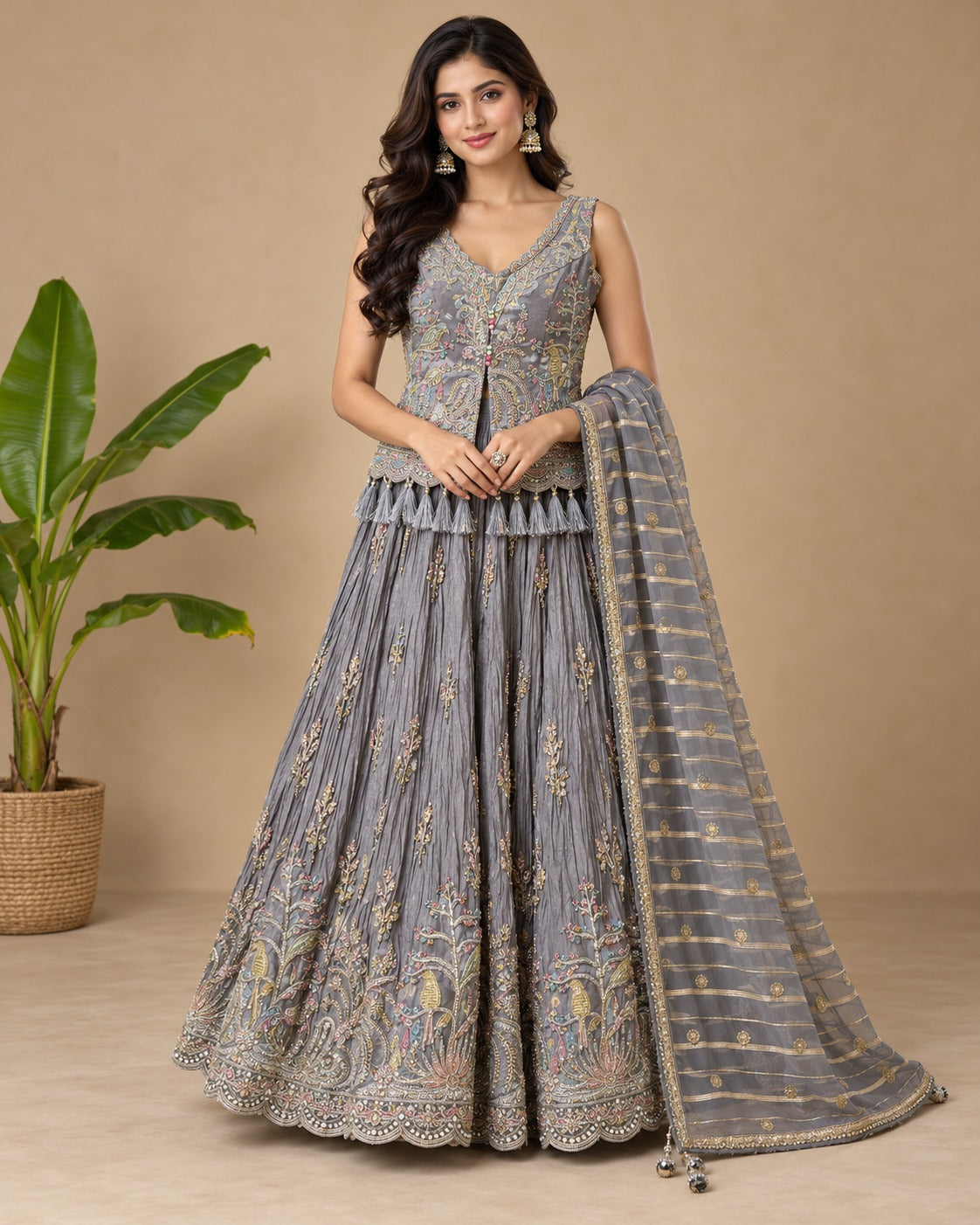 Embroidered Slate Grey Peplum Lehenga Set