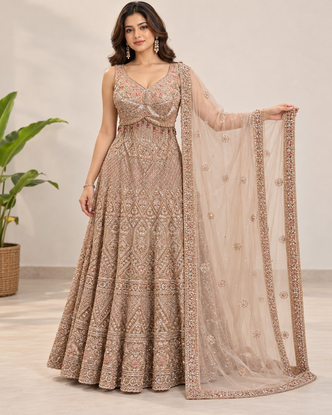 Embellished Rose Gold Sequined Anarkali Set