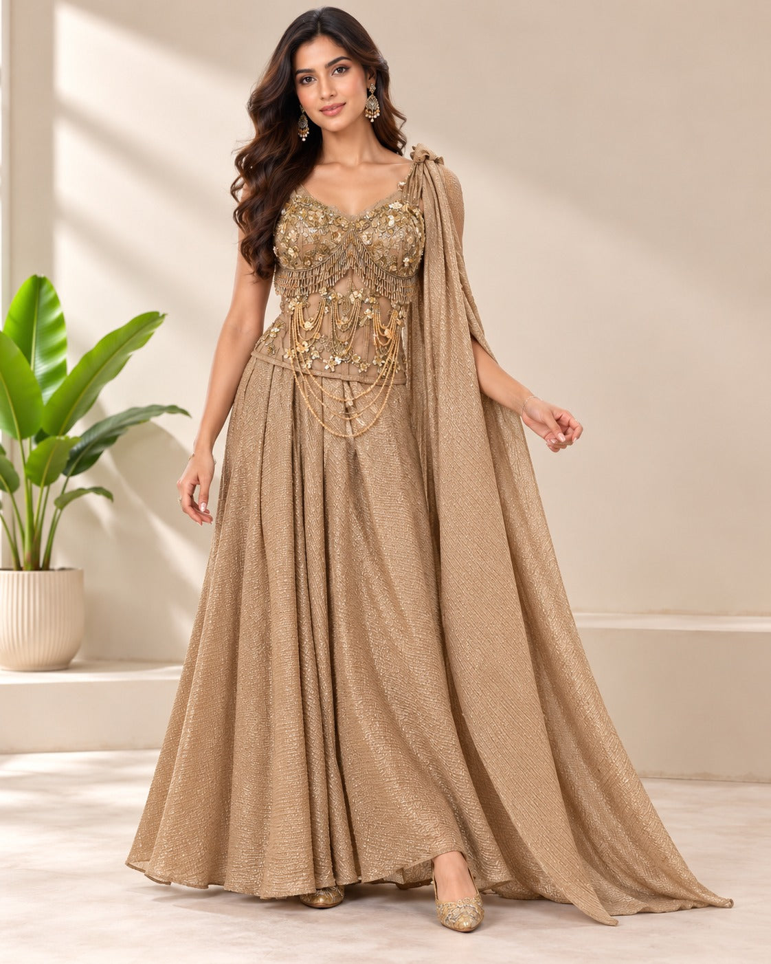 Embroidered Metallic Gold Cape Gown Set