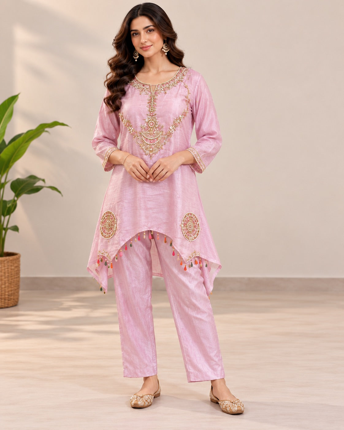 Embroidered Lilac Asymmetrical Tunic Set