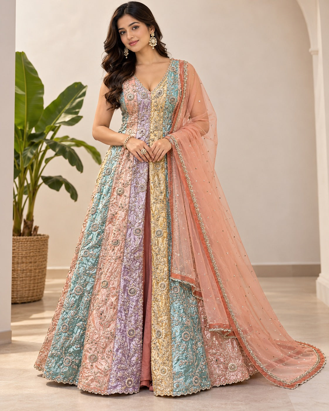Embroidered Multi-Color Pastel Paneled Lehenga Set