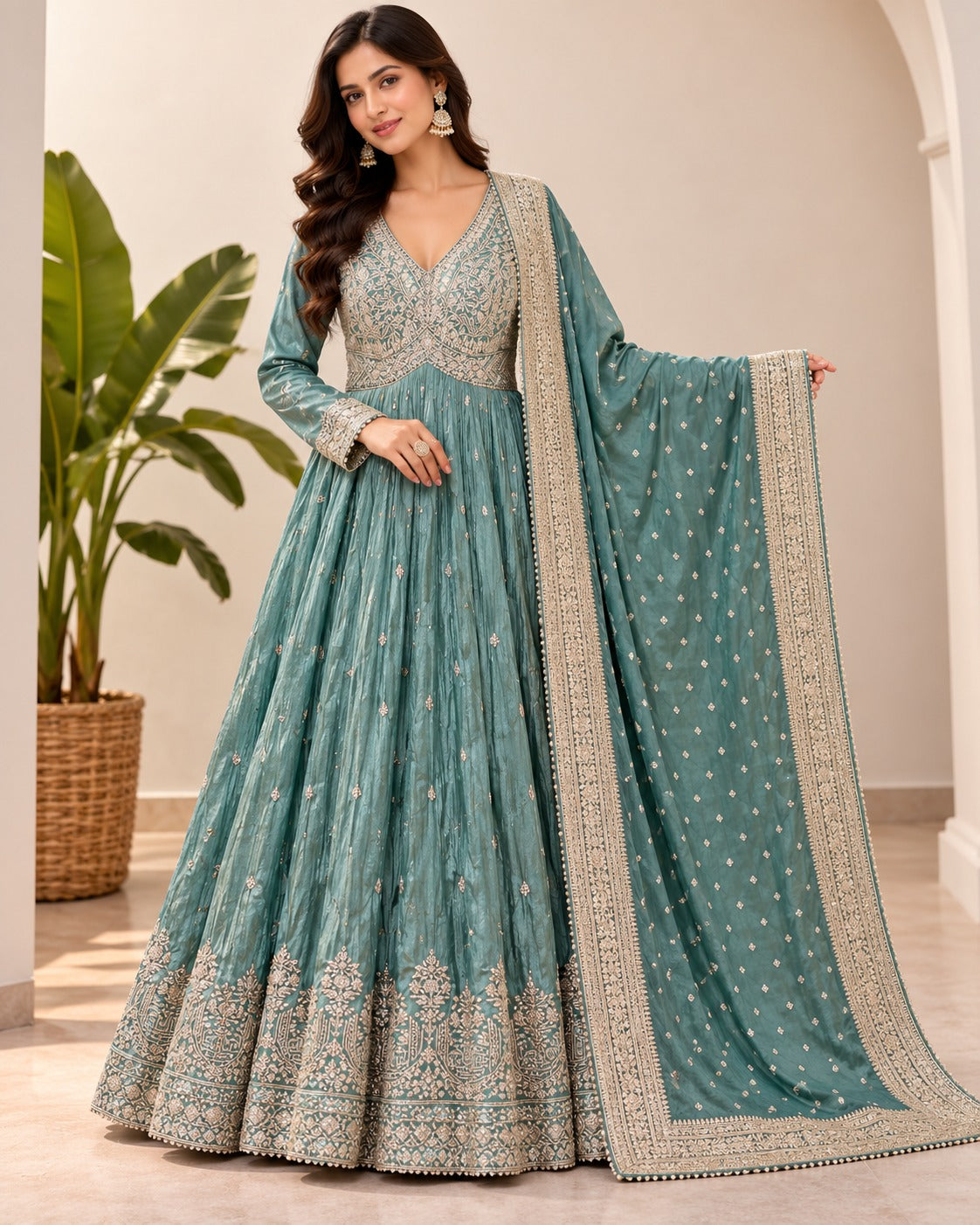 Embroidered Teal Blue Anarkali Gown Set
