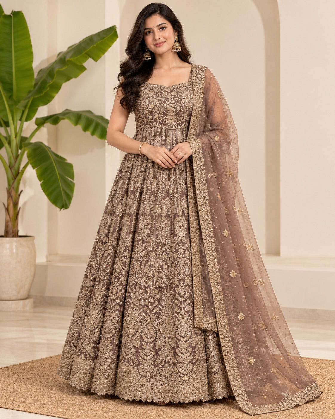 Embroidered Taupe Brown Anarkali Gown Set
