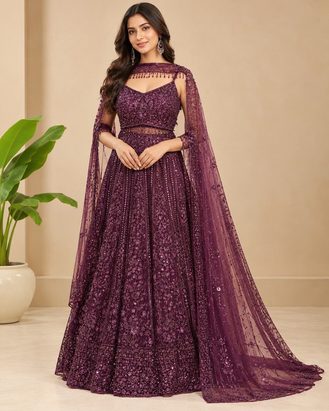 Embroidered wine Purple Cape Gown Set