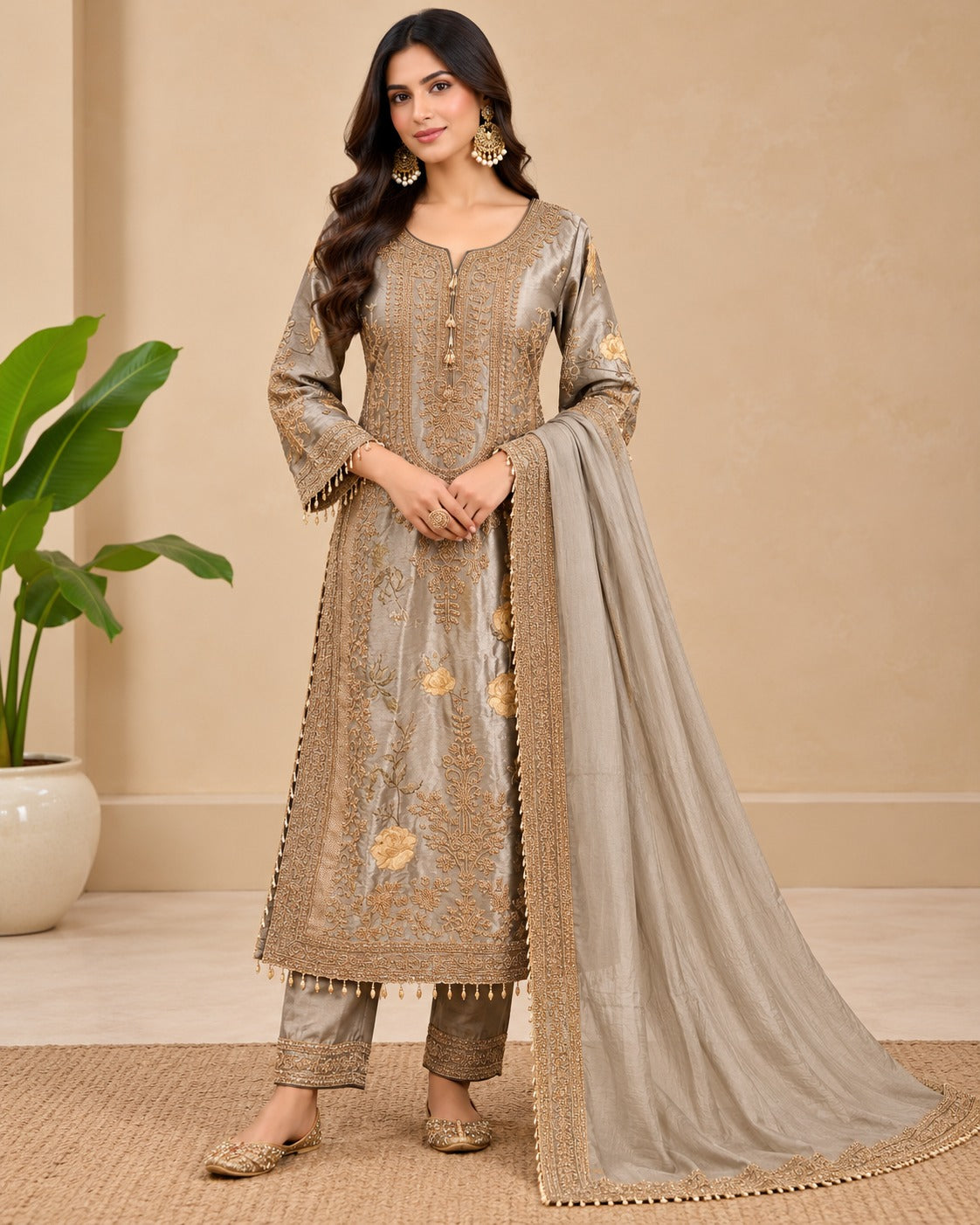 Embroidered Grey Straight Suit Set Main image