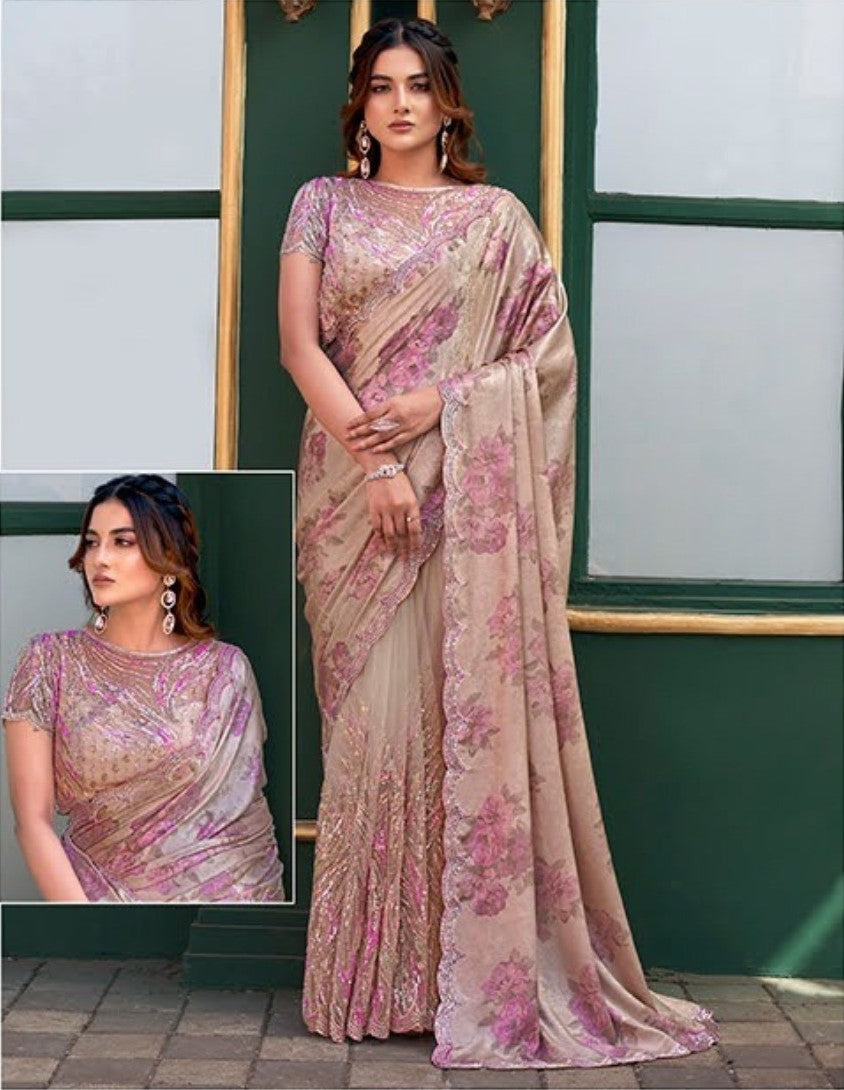 Sequins Digital foil print pink saree (25413 GS-140)