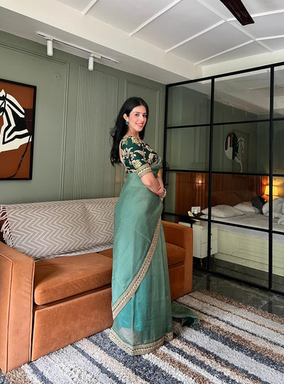 Sage Shimmer Organza Saree (1506 B-4)
