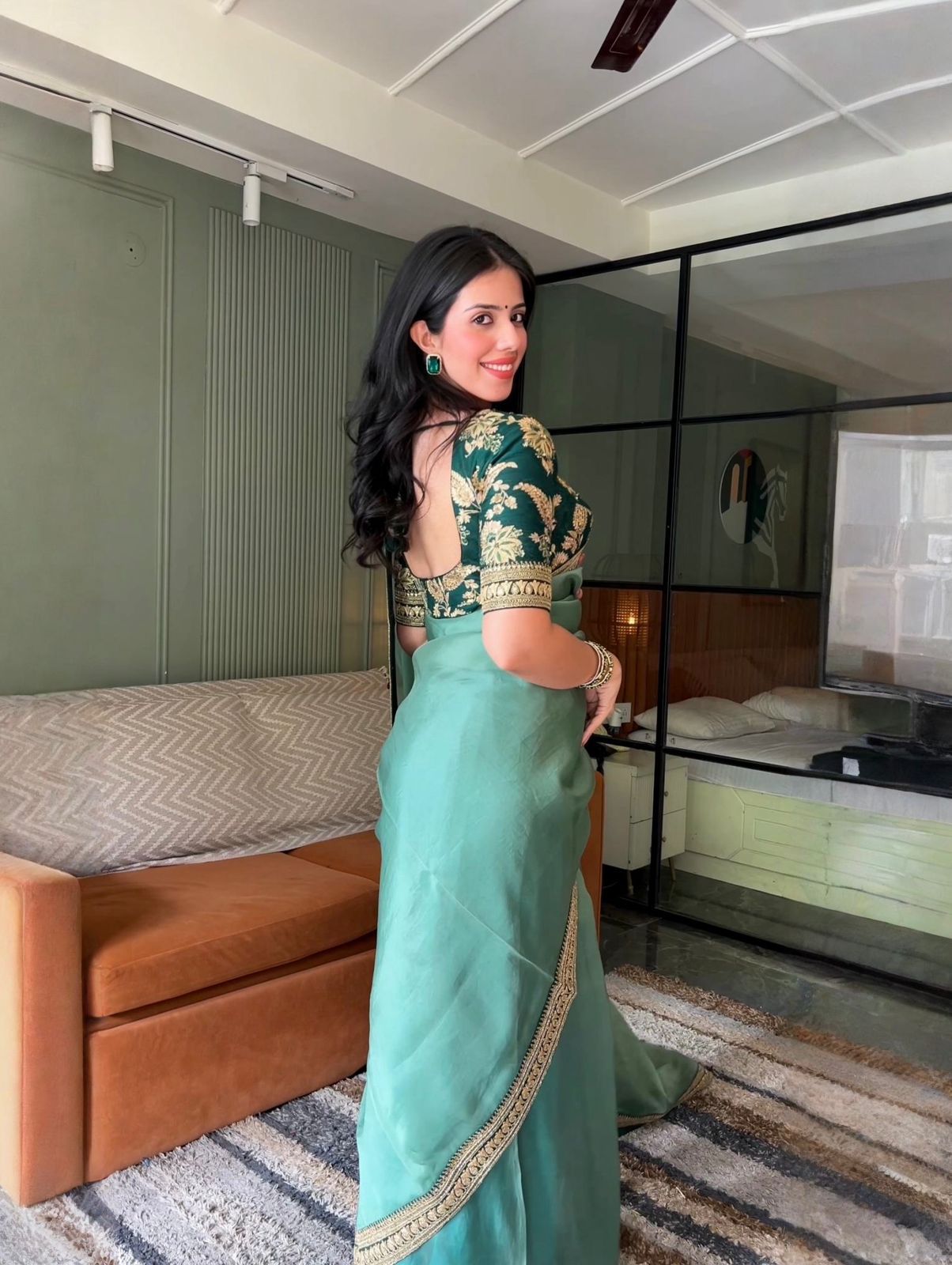 Sage Shimmer Organza Saree (1506 B-4) Secondary image