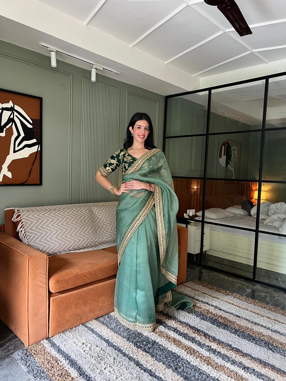 Sage Shimmer Organza Saree (1506 B-4)