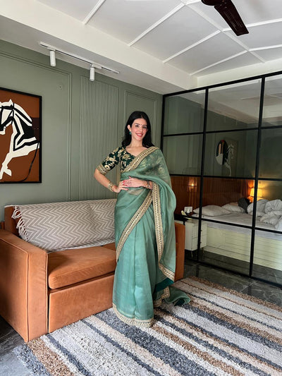 Sage Shimmer Organza Saree (1506 B-4)