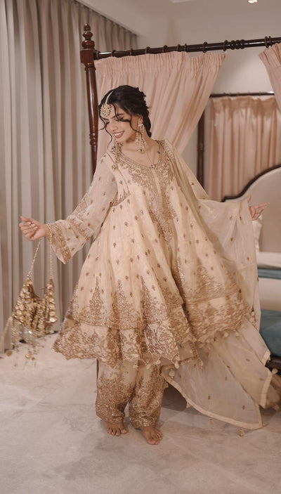 Ivory & Gold Tiered Anarkali Sharara Set (KRESHA M-91)