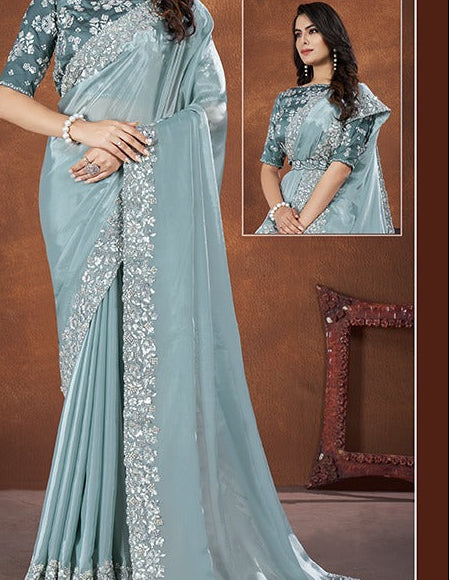 Dusty Blue Crepe Satin Silk Saree Secondary image