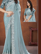 Dusty Blue Crepe Satin Silk Saree