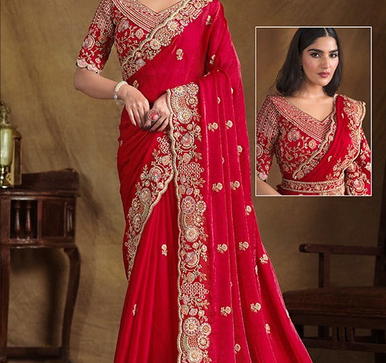 Radiant Red Two-Tone Satin Silk Saree