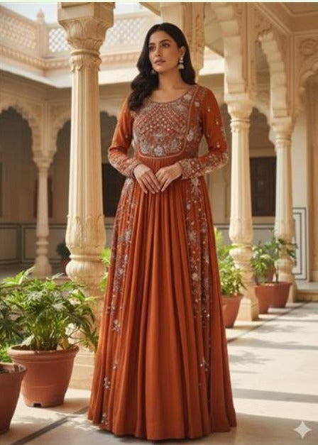 shop online mustard orange Intricate Zari Embroidered Georgette Anarkali Gown for women