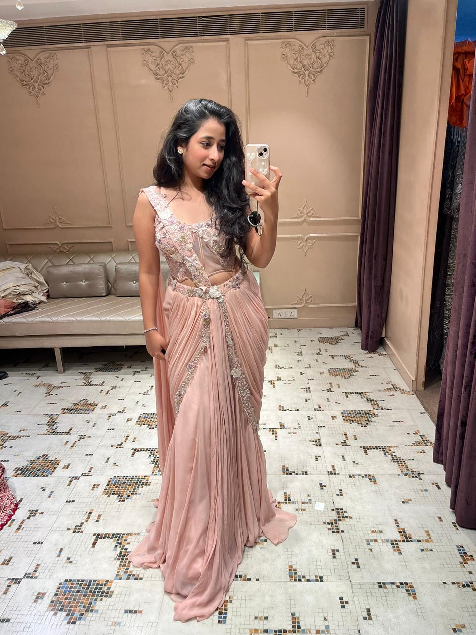 Rose Blush Embellished Drape Saree Set