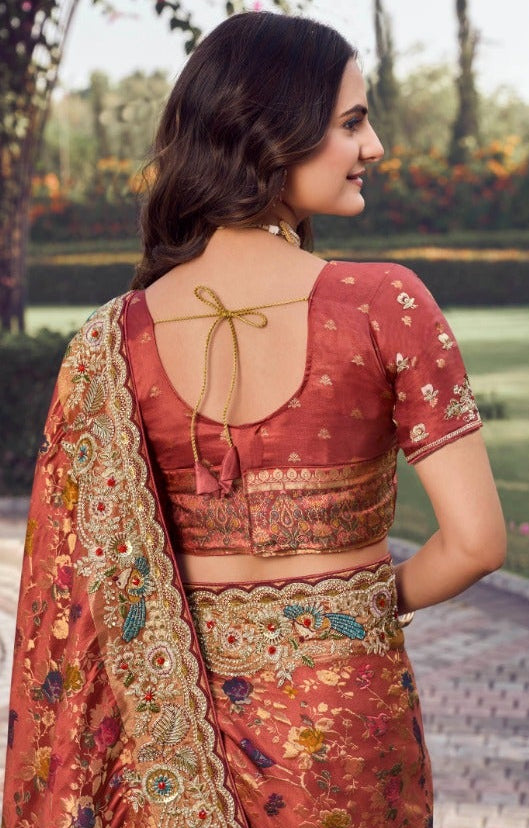 Terracotta Floral Silk Saree with Rich Hand-Embroidered Borders
