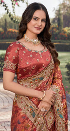 Terracotta Floral Silk Saree with Rich Hand-Embroidered Borders