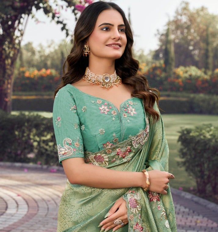 Sage Green Shimmer Silk Saree with Floral Hand-Embroidered Border