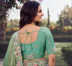 Sage Green Shimmer Silk Saree with Floral Hand-Embroidered Border