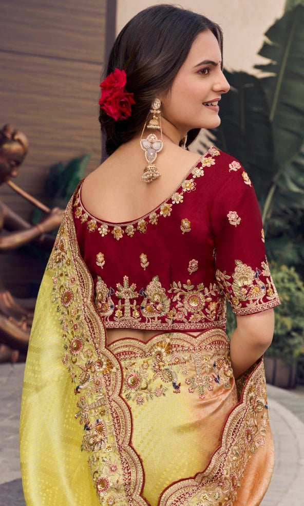 Yellow and Peach Ombré Silk Saree Secondary image