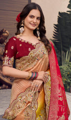 Yellow and Peach Ombré Silk Saree