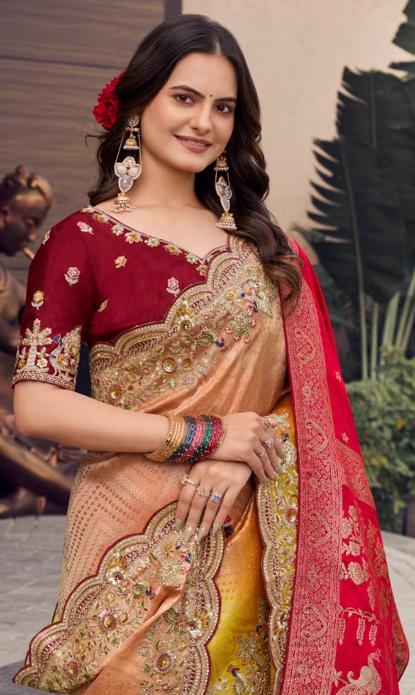 Yellow and Peach Ombré Silk Saree