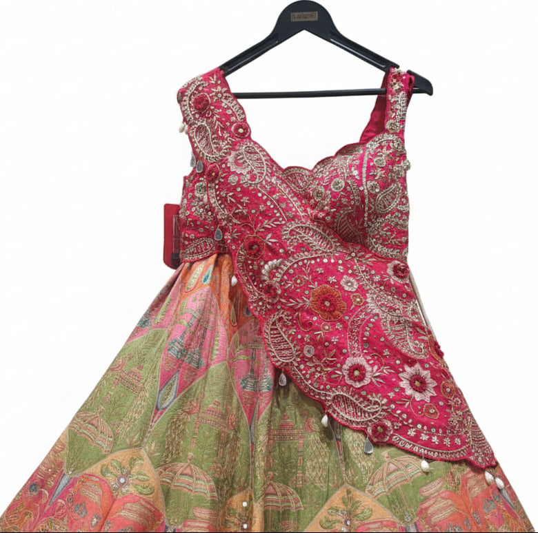 Multi-Color Digital Print Lehenga with Asymmetric Embroidered Blouse
