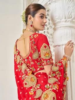 Royal Crimson Hand-Embroidered Silk Saree Secondary image