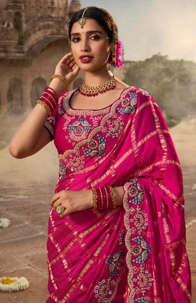 Grid Silk Saree with Scalloped Zardosi Border Main image