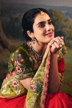 Sage Contrast Border Silk Saree with Floral Art