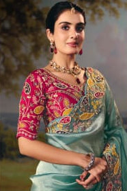 Metallic Organza Saree with Magenta Contrast