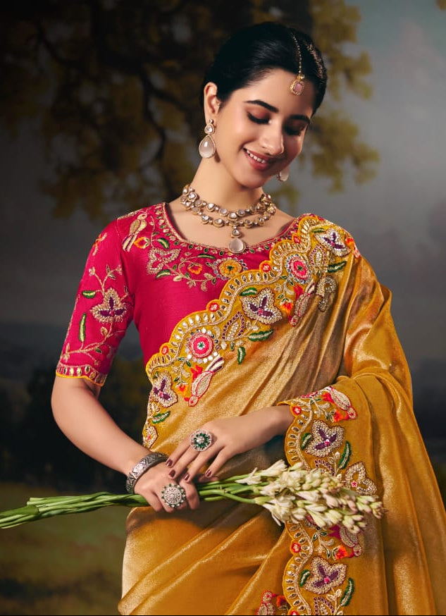 Metallic Champagne Organza Saree Secondary image