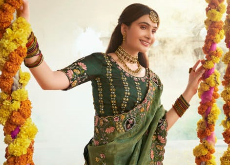 Sage Embroidered Organza Saree