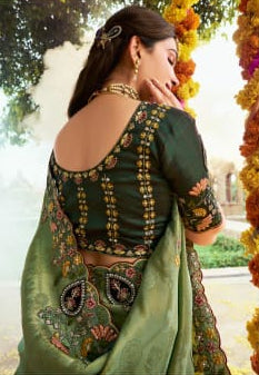 Sage Embroidered Organza Saree Secondary image