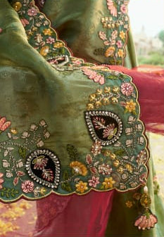 Sage Embroidered Organza Saree