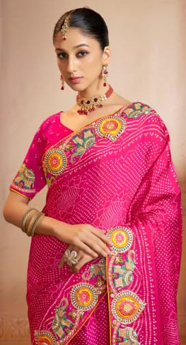 Fuchsia Bandhani Silk Saree with Pichwai Border
