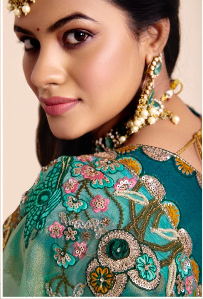 Order Seafoam Jalina Organza Saree with Floral Embroidery Online for Women
