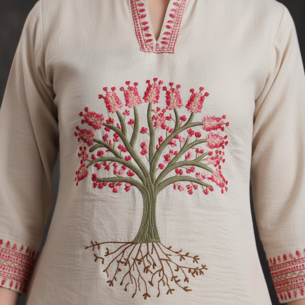 buy Elegant Cotton Oat Beige Co-ord Set with Artistic Threadwork for women