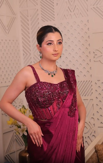 Wine Pre-Stitched Satin Drape Saree Secondary image