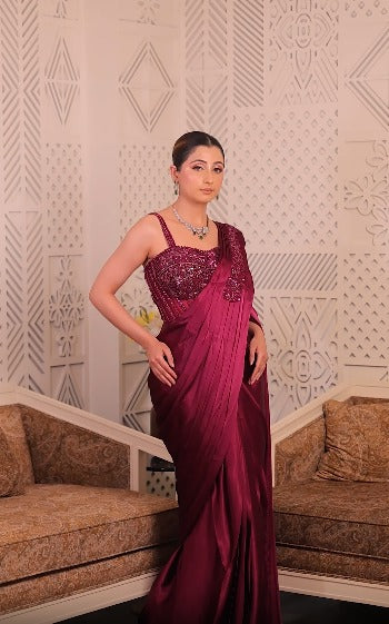Wine Pre-Stitched Satin Drape Saree