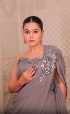 Silver Sequin Pleated Drape Saree