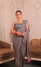 Silver Sequin Pleated Drape Saree